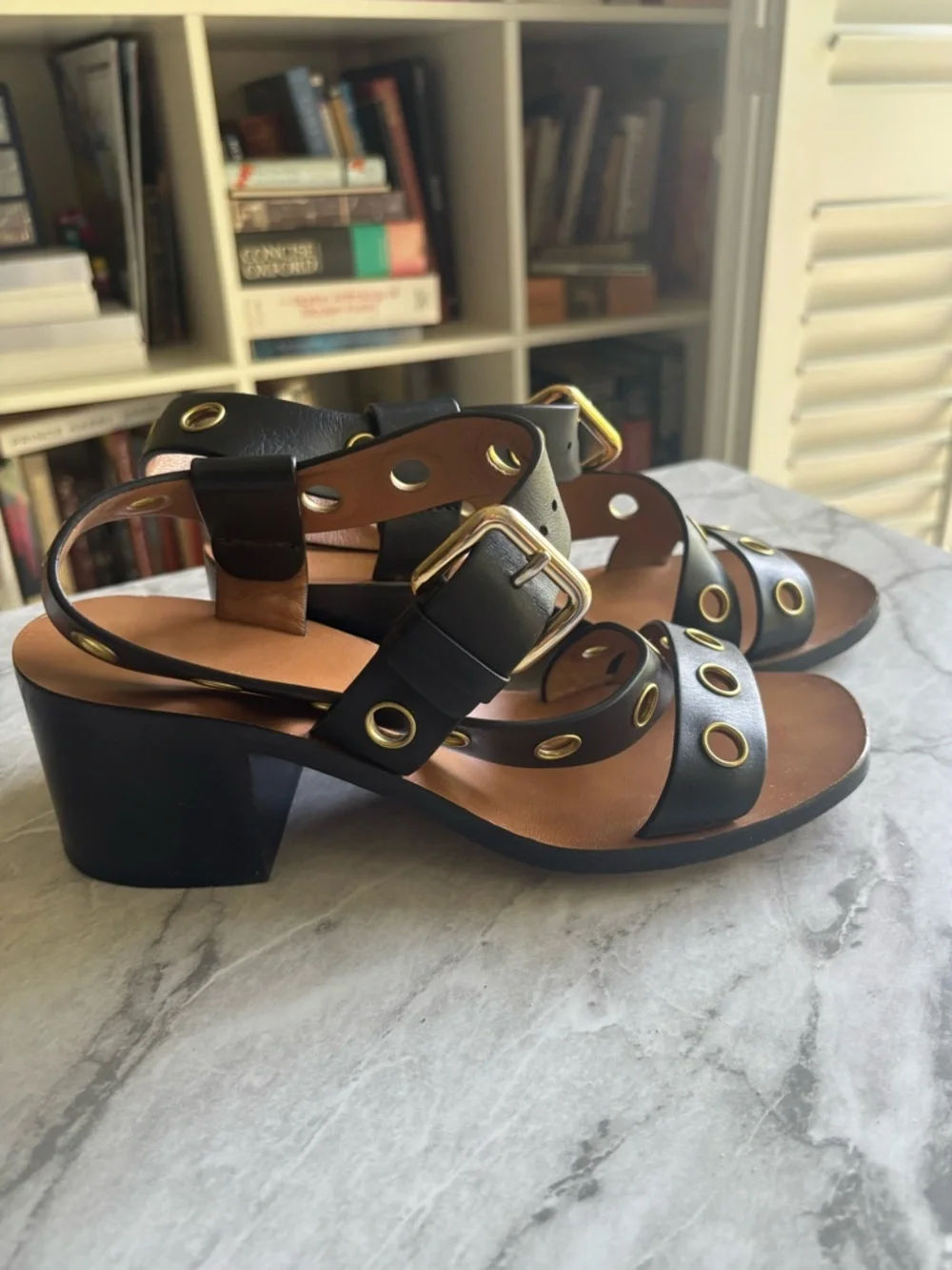 EUC CELINE Black w/Gold Grommet Straps block Heeled Sandals - Women size - Picture 1 of 6